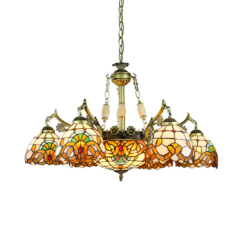9/11 Lights Living Room Chandelier Lamp Victorian Yellow Pendant Light with Domed Stained Glass Shade Clearhalo 'Ceiling Lights' 'Chandeliers' 'Industrial' 'Middle Century Chandeliers' 'Tiffany Chandeliers' 'Tiffany close to ceiling' 'Tiffany' Lighting' 177247