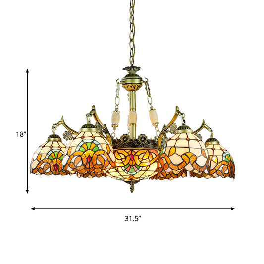 9/11 Lights Living Room Chandelier Lamp Victorian Yellow Pendant Light with Domed Stained Glass Shade Clearhalo 'Ceiling Lights' 'Chandeliers' 'Industrial' 'Middle Century Chandeliers' 'Tiffany Chandeliers' 'Tiffany close to ceiling' 'Tiffany' Lighting' 177248