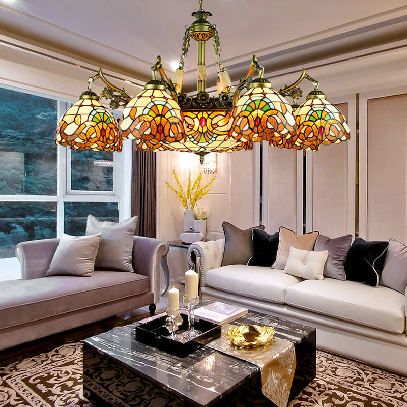 9/11 Lights Living Room Chandelier Lamp Victorian Yellow Pendant Light with Domed Stained Glass Shade 11 Yellow Clearhalo 'Ceiling Lights' 'Chandeliers' 'Industrial' 'Middle Century Chandeliers' 'Tiffany Chandeliers' 'Tiffany close to ceiling' 'Tiffany' Lighting' 177249
