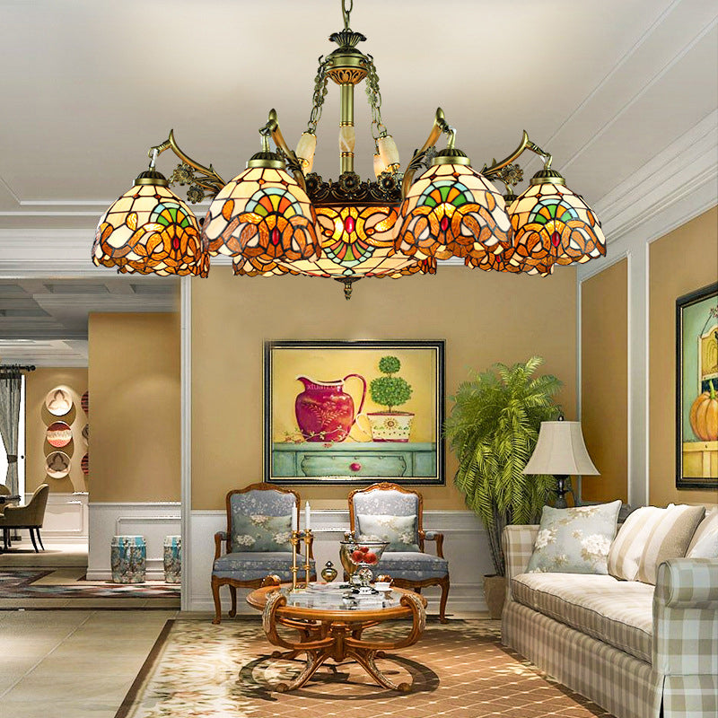 9/11 Lights Living Room Chandelier Lamp Victorian Yellow Pendant Light with Domed Stained Glass Shade Clearhalo 'Ceiling Lights' 'Chandeliers' 'Industrial' 'Middle Century Chandeliers' 'Tiffany Chandeliers' 'Tiffany close to ceiling' 'Tiffany' Lighting' 177250