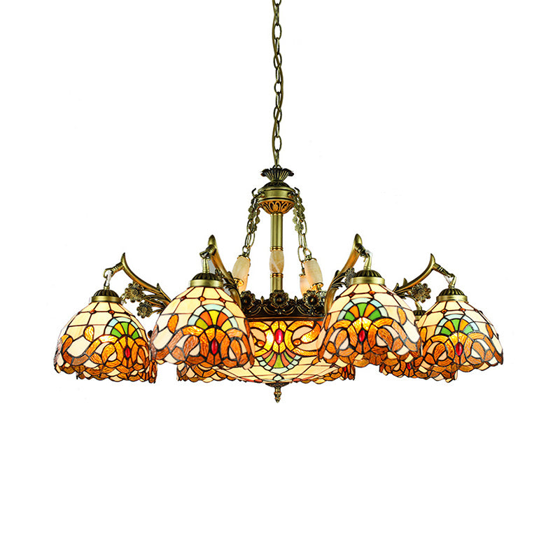 9/11 Lights Living Room Chandelier Lamp Victorian Yellow Pendant Light with Domed Stained Glass Shade Clearhalo 'Ceiling Lights' 'Chandeliers' 'Industrial' 'Middle Century Chandeliers' 'Tiffany Chandeliers' 'Tiffany close to ceiling' 'Tiffany' Lighting' 177251