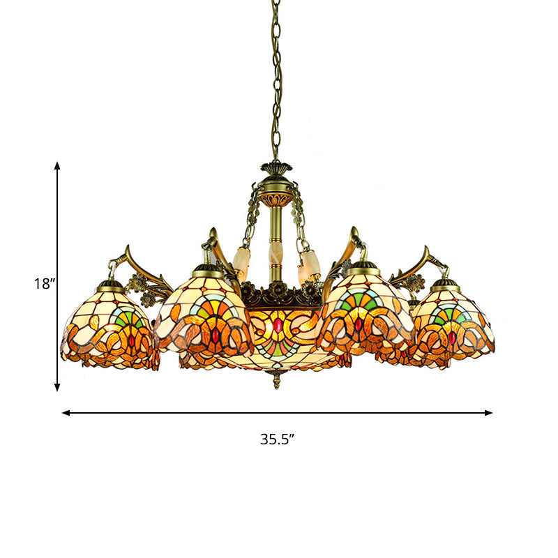 9/11 Lights Living Room Chandelier Lamp Victorian Yellow Pendant Light with Domed Stained Glass Shade Clearhalo 'Ceiling Lights' 'Chandeliers' 'Industrial' 'Middle Century Chandeliers' 'Tiffany Chandeliers' 'Tiffany close to ceiling' 'Tiffany' Lighting' 177252