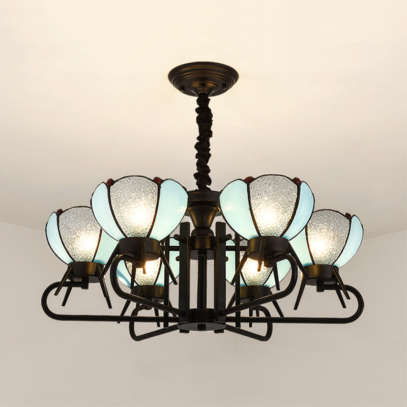 6/8 Lights Bowl Pendant Lighting with Adjustable Chain Tiffany Chandelier Lamp in Blue for Foyer 6 Blue Clearhalo 'Ceiling Lights' 'Chandeliers' 'Industrial' 'Middle Century Chandeliers' 'Tiffany Chandeliers' 'Tiffany close to ceiling' 'Tiffany' Lighting' 177253