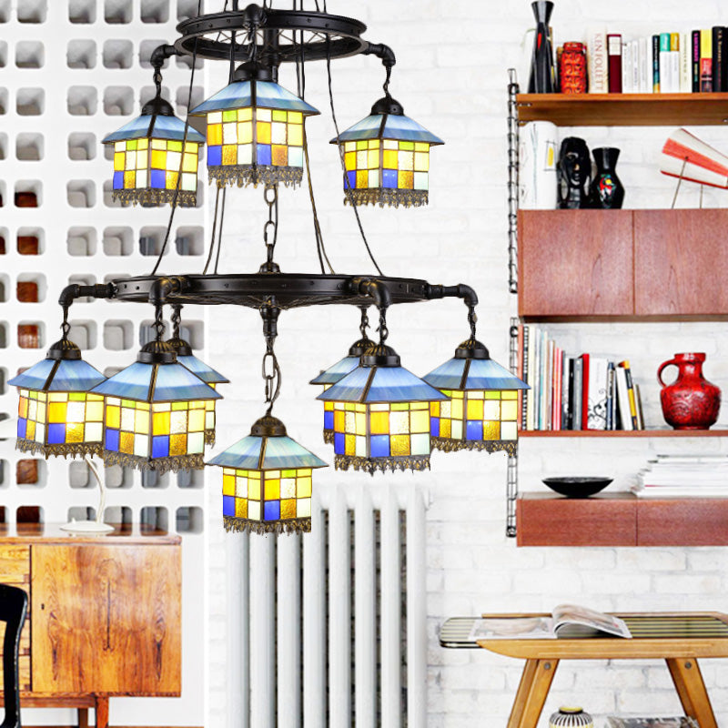 Stained Glass House Suspension Light Lodge Style 2 Tiers Chandelier in Black for Living Room Clearhalo 'Ceiling Lights' 'Chandeliers' 'Industrial' 'Island Lights' 'Middle Century Chandeliers' 'Tiffany Chandeliers' 'Tiffany close to ceiling' 'Tiffany' Lighting' 177265