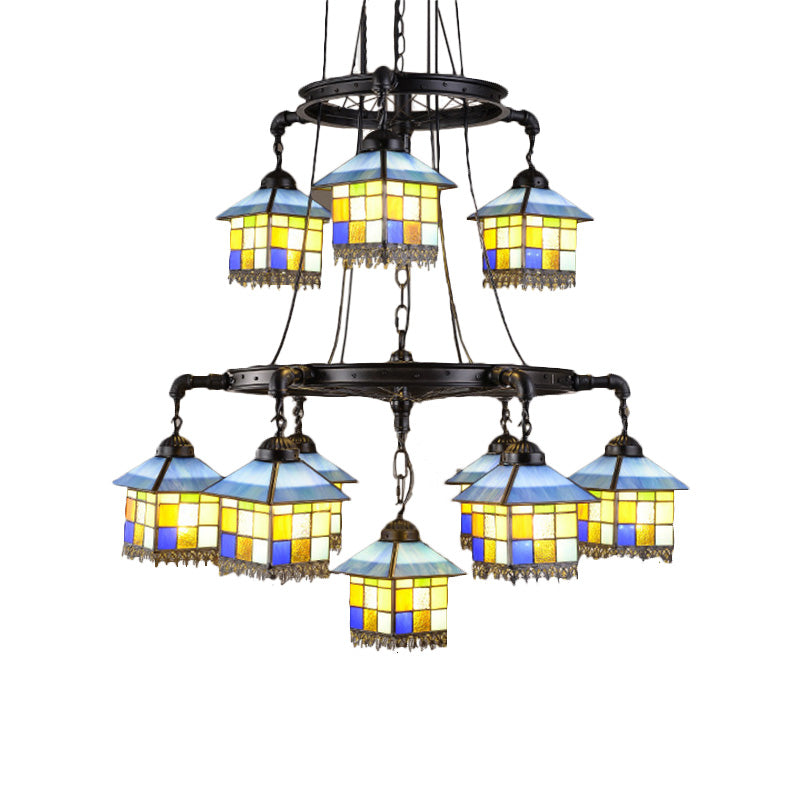 Stained Glass House Suspension Light Lodge Style 2 Tiers Chandelier in Black for Living Room Clearhalo 'Ceiling Lights' 'Chandeliers' 'Industrial' 'Island Lights' 'Middle Century Chandeliers' 'Tiffany Chandeliers' 'Tiffany close to ceiling' 'Tiffany' Lighting' 177266
