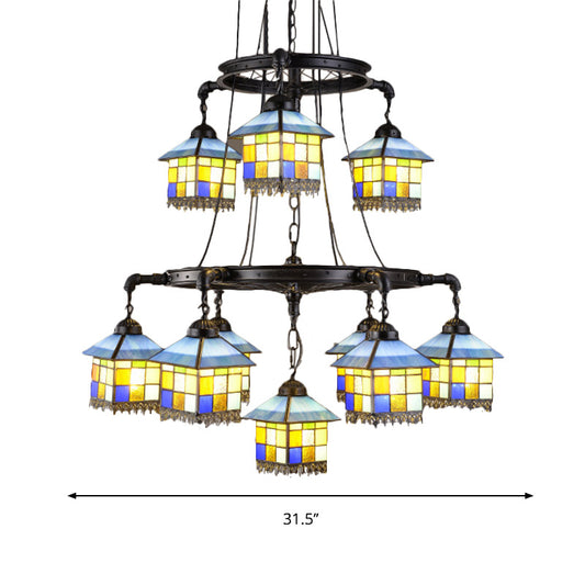 Stained Glass House Suspension Light Lodge Style 2 Tiers Chandelier in Black for Living Room Clearhalo 'Ceiling Lights' 'Chandeliers' 'Industrial' 'Island Lights' 'Middle Century Chandeliers' 'Tiffany Chandeliers' 'Tiffany close to ceiling' 'Tiffany' Lighting' 177267