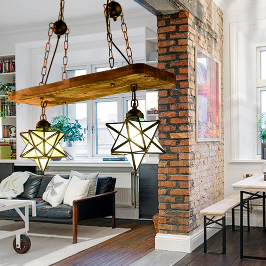 2/3 Lights Rustic Star Chandelier Lamp with Wooden Board Colorful Glass Indoor Pendant Light for Kitchen 2 Rust Clearhalo 'Ceiling Lights' 'Chandeliers' 'Industrial' 'Middle Century Chandeliers' 'Tiffany Chandeliers' 'Tiffany close to ceiling' 'Tiffany' Lighting' 177270