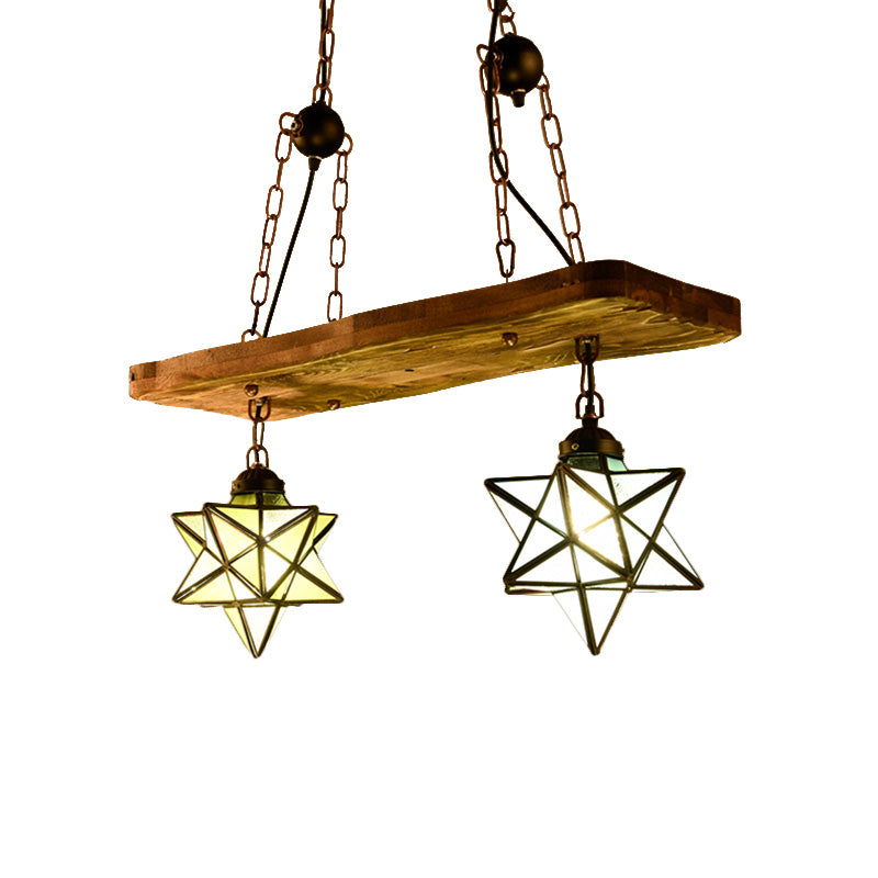 2/3 Lights Rustic Star Chandelier Lamp with Wooden Board Colorful Glass Indoor Pendant Light for Kitchen Clearhalo 'Ceiling Lights' 'Chandeliers' 'Industrial' 'Middle Century Chandeliers' 'Tiffany Chandeliers' 'Tiffany close to ceiling' 'Tiffany' Lighting' 177272