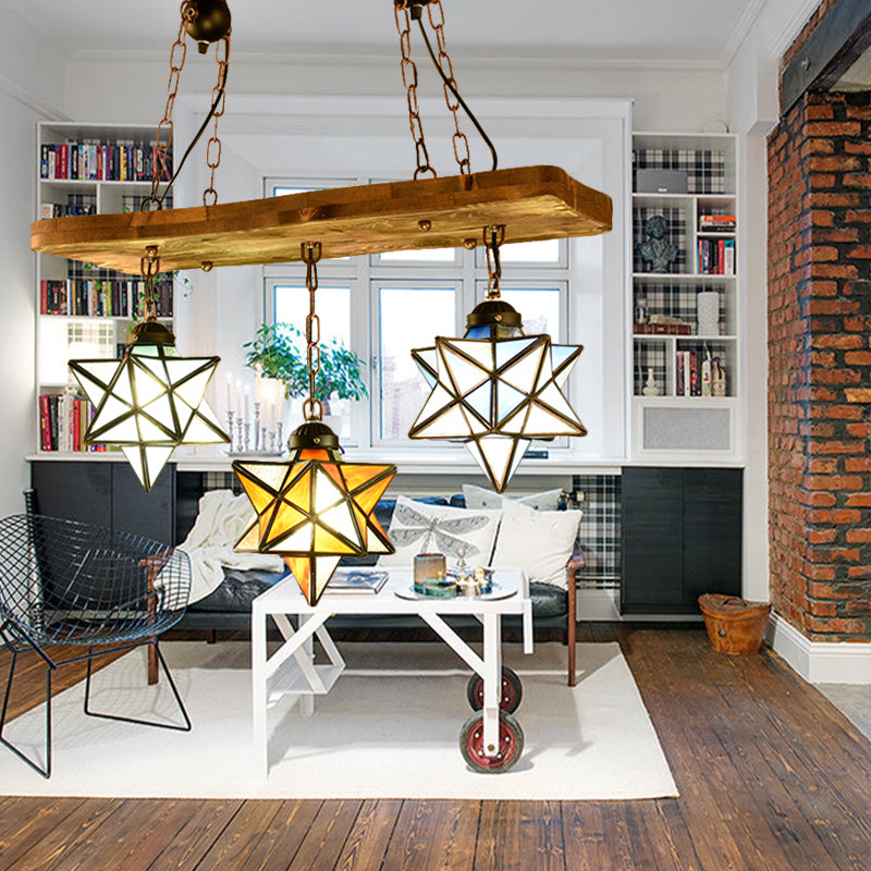 2/3 Lights Rustic Star Chandelier Lamp with Wooden Board Colorful Glass Indoor Pendant Light for Kitchen 3 Rust Clearhalo 'Ceiling Lights' 'Chandeliers' 'Industrial' 'Middle Century Chandeliers' 'Tiffany Chandeliers' 'Tiffany close to ceiling' 'Tiffany' Lighting' 177274