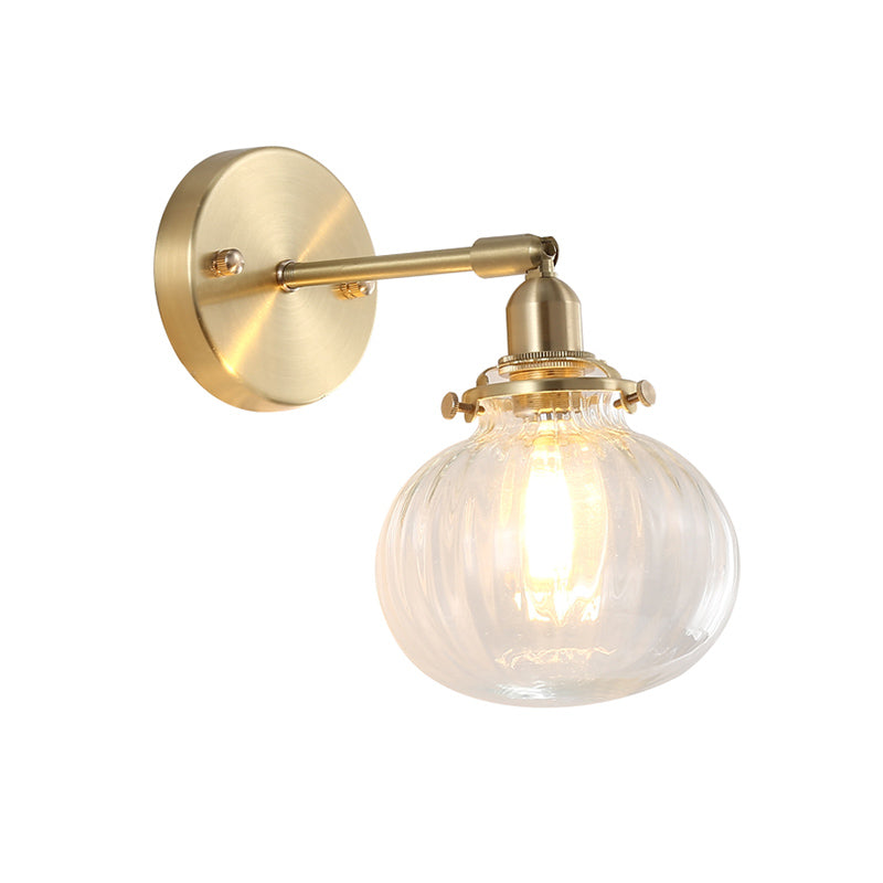 1 Head Wall Mounted Lamp Colonial Orb Clear/Cognac Prismatic Glass Sconce Lighting Fixture in Gold Clearhalo 'Wall Lamps & Sconces' 'Wall Lights' Lighting' 1772743