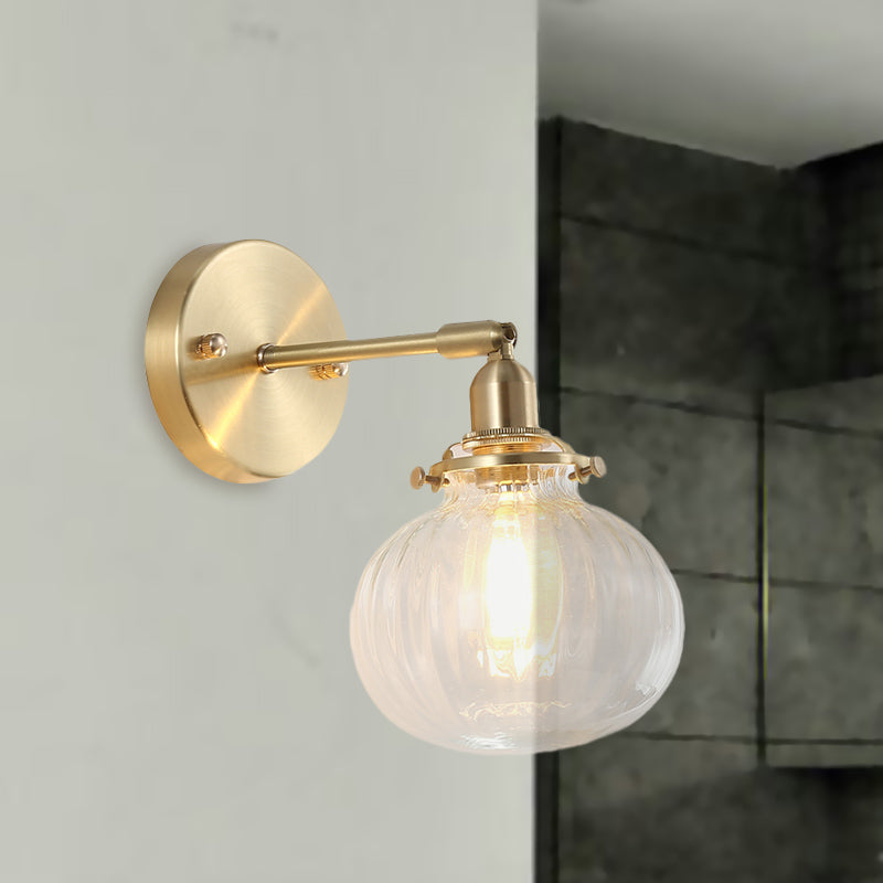 1 Head Wall Mounted Lamp Colonial Orb Clear/Cognac Prismatic Glass Sconce Lighting Fixture in Gold Clearhalo 'Wall Lamps & Sconces' 'Wall Lights' Lighting' 1772747
