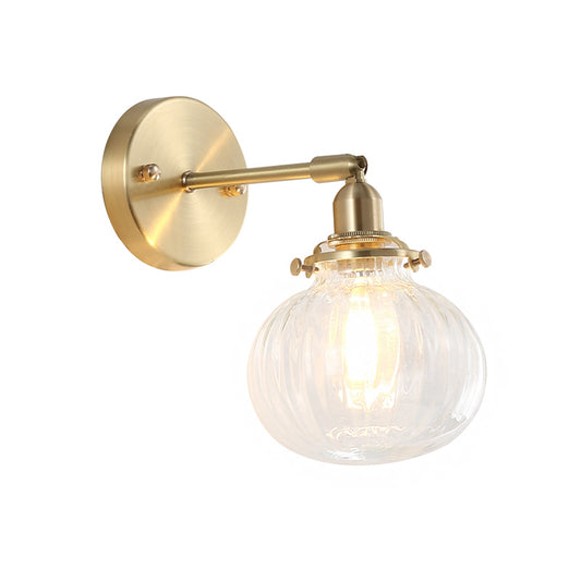 1 Head Wall Mounted Lamp Colonial Orb Clear/Cognac Prismatic Glass Sconce Lighting Fixture in Gold Clearhalo 'Wall Lamps & Sconces' 'Wall Lights' Lighting' 1772748