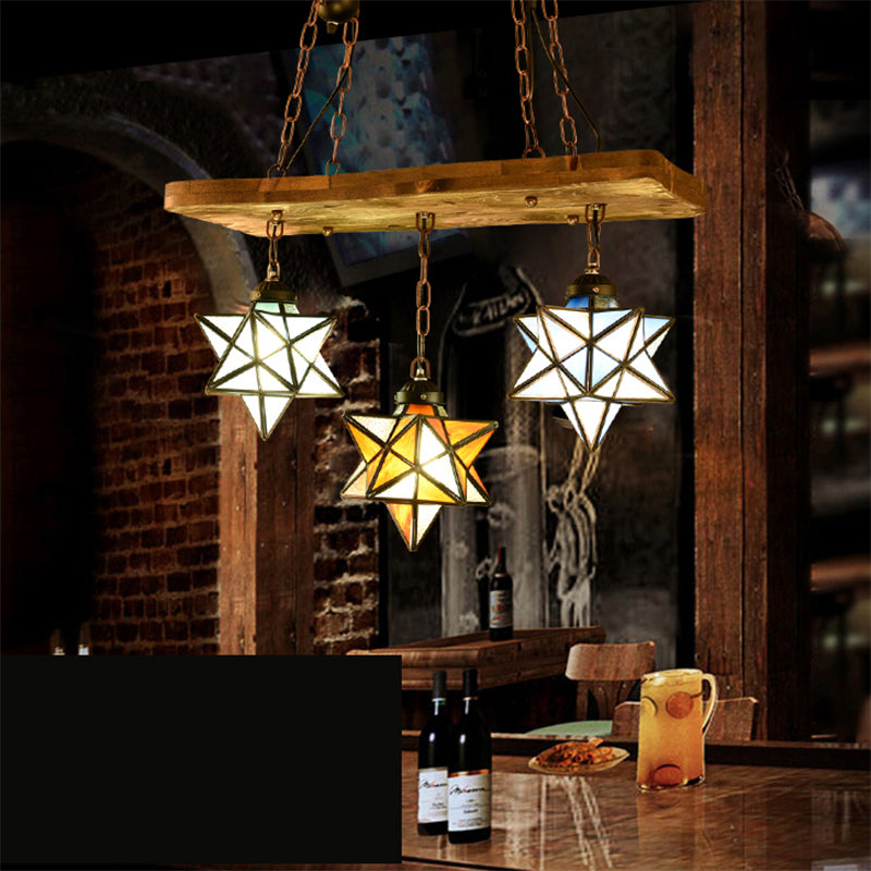 2/3 Lights Rustic Star Chandelier Lamp with Wooden Board Colorful Glass Indoor Pendant Light for Kitchen Clearhalo 'Ceiling Lights' 'Chandeliers' 'Industrial' 'Middle Century Chandeliers' 'Tiffany Chandeliers' 'Tiffany close to ceiling' 'Tiffany' Lighting' 177275