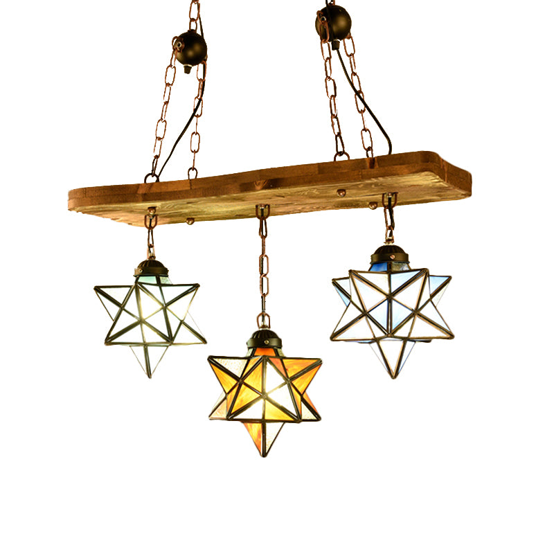 2/3 Lights Rustic Star Chandelier Lamp with Wooden Board Colorful Glass Indoor Pendant Light for Kitchen Clearhalo 'Ceiling Lights' 'Chandeliers' 'Industrial' 'Middle Century Chandeliers' 'Tiffany Chandeliers' 'Tiffany close to ceiling' 'Tiffany' Lighting' 177276