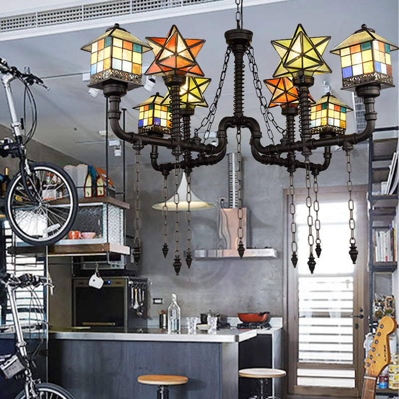 Stained Glass Chandelier with House and Star Rustic Antique Hanging Ceiling Light for Living Room Black Clearhalo 'Ceiling Lights' 'Chandeliers' 'Industrial' 'Middle Century Chandeliers' 'Tiffany Chandeliers' 'Tiffany close to ceiling' 'Tiffany' Lighting' 177280