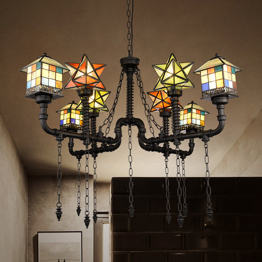 Stained Glass Chandelier with House and Star Rustic Antique Hanging Ceiling Light for Living Room Clearhalo 'Ceiling Lights' 'Chandeliers' 'Industrial' 'Middle Century Chandeliers' 'Tiffany Chandeliers' 'Tiffany close to ceiling' 'Tiffany' Lighting' 177281