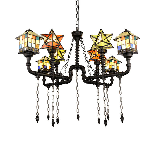 Stained Glass Chandelier with House and Star Rustic Antique Hanging Ceiling Light for Living Room Clearhalo 'Ceiling Lights' 'Chandeliers' 'Industrial' 'Middle Century Chandeliers' 'Tiffany Chandeliers' 'Tiffany close to ceiling' 'Tiffany' Lighting' 177282