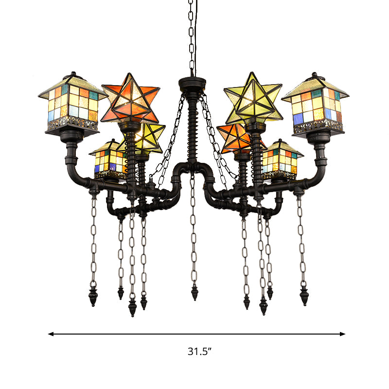 Stained Glass Chandelier with House and Star Rustic Antique Hanging Ceiling Light for Living Room Clearhalo 'Ceiling Lights' 'Chandeliers' 'Industrial' 'Middle Century Chandeliers' 'Tiffany Chandeliers' 'Tiffany close to ceiling' 'Tiffany' Lighting' 177283