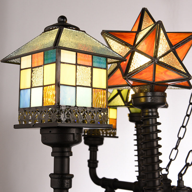 Stained Glass Chandelier with House and Star Rustic Antique Hanging Ceiling Light for Living Room Clearhalo 'Ceiling Lights' 'Chandeliers' 'Industrial' 'Middle Century Chandeliers' 'Tiffany Chandeliers' 'Tiffany close to ceiling' 'Tiffany' Lighting' 177284