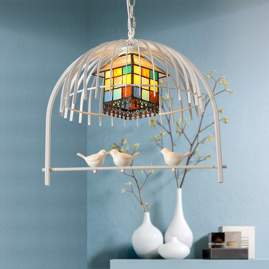 White Bird Cage Pendant Lighting Tiffany Style 1 Light Stainless Glass Ceiling Lamp with Inner House Shade White Clearhalo 'Ceiling Lights' 'Close To Ceiling Lights' 'Industrial' 'Middle Century Pendants' 'Pendant Lights' 'Pendants' 'Tiffany close to ceiling' 'Tiffany Pendants' 'Tiffany' Lighting' 177285