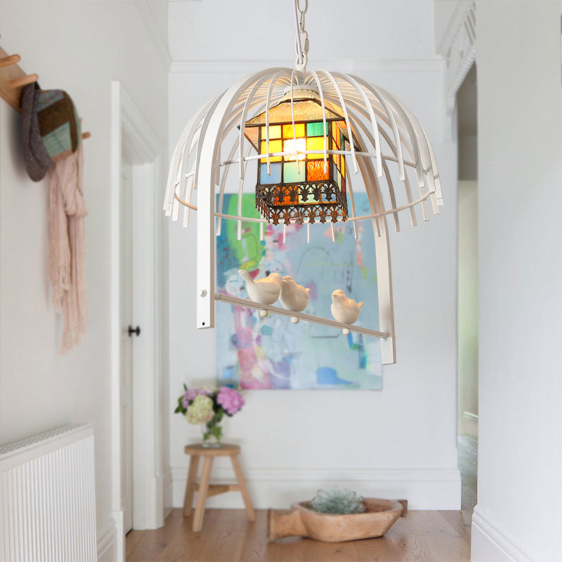 White Bird Cage Pendant Lighting Tiffany Style 1 Light Stainless Glass Ceiling Lamp with Inner House Shade Clearhalo 'Ceiling Lights' 'Close To Ceiling Lights' 'Industrial' 'Middle Century Pendants' 'Pendant Lights' 'Pendants' 'Tiffany close to ceiling' 'Tiffany Pendants' 'Tiffany' Lighting' 177286