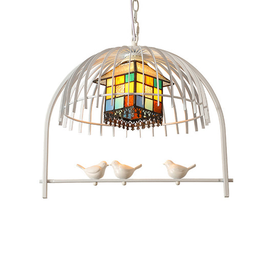 White Bird Cage Pendant Lighting Tiffany Style 1 Light Stainless Glass Ceiling Lamp with Inner House Shade Clearhalo 'Ceiling Lights' 'Close To Ceiling Lights' 'Industrial' 'Middle Century Pendants' 'Pendant Lights' 'Pendants' 'Tiffany close to ceiling' 'Tiffany Pendants' 'Tiffany' Lighting' 177287