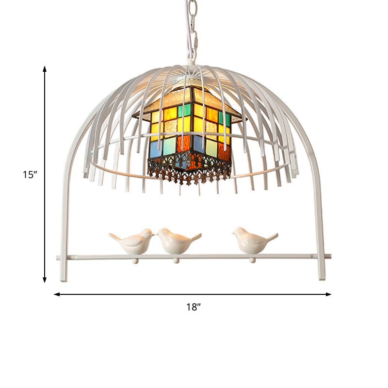 White Bird Cage Pendant Lighting Tiffany Style 1 Light Stainless Glass Ceiling Lamp with Inner House Shade Clearhalo 'Ceiling Lights' 'Close To Ceiling Lights' 'Industrial' 'Middle Century Pendants' 'Pendant Lights' 'Pendants' 'Tiffany close to ceiling' 'Tiffany Pendants' 'Tiffany' Lighting' 177288