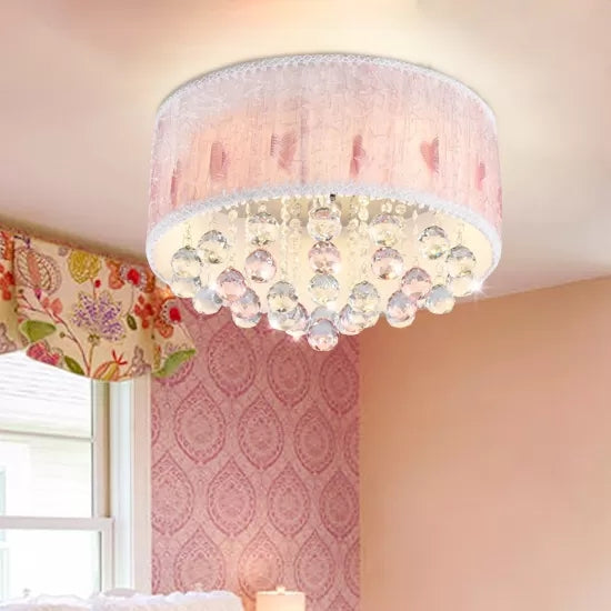 Pink Round Flush Ceiling Light 8 Heads Modern Style Metal Ceiling Lamp with Crystal Ball for Girls Bedroom Pink Warm Clearhalo 'Ceiling Lights' 'Close To Ceiling Lights' 'Close to ceiling' 'Flush mount' Lighting' 17729