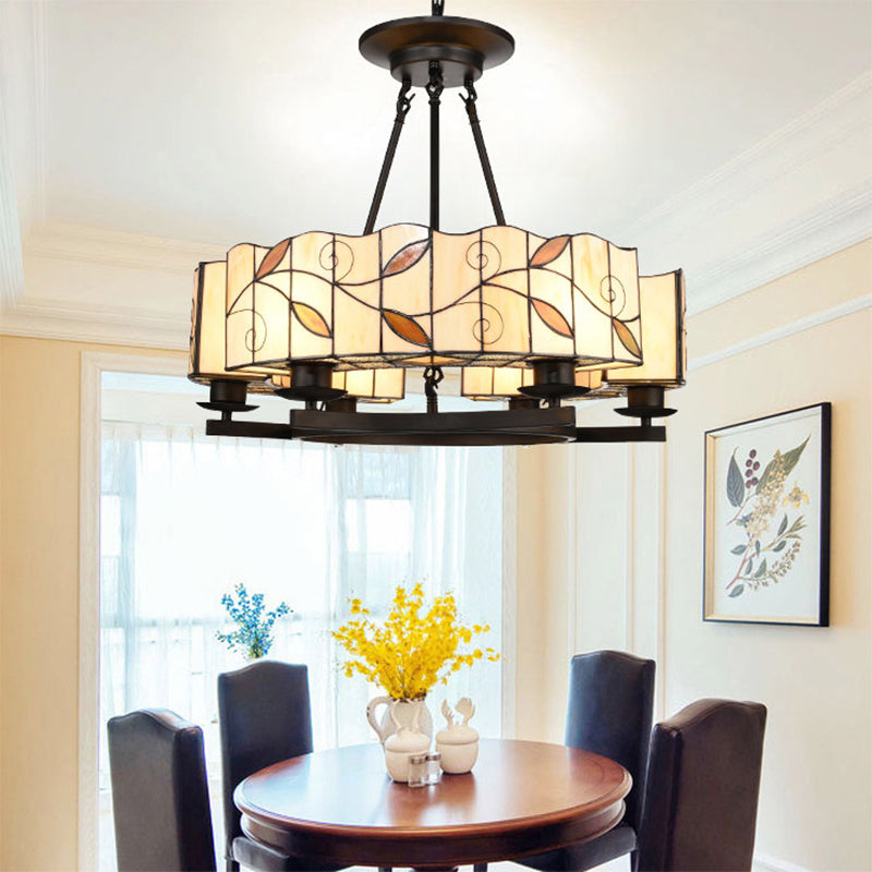 Stained Glass Drum Chandelier with Leaf 6/8 Heads Tiffany Lodge Pendant Light with Adjustable Hanging Light in White Clearhalo 'Ceiling Lights' 'Chandeliers' 'Industrial' 'Middle Century Chandeliers' 'Tiffany Chandeliers' 'Tiffany close to ceiling' 'Tiffany' Lighting' 177292
