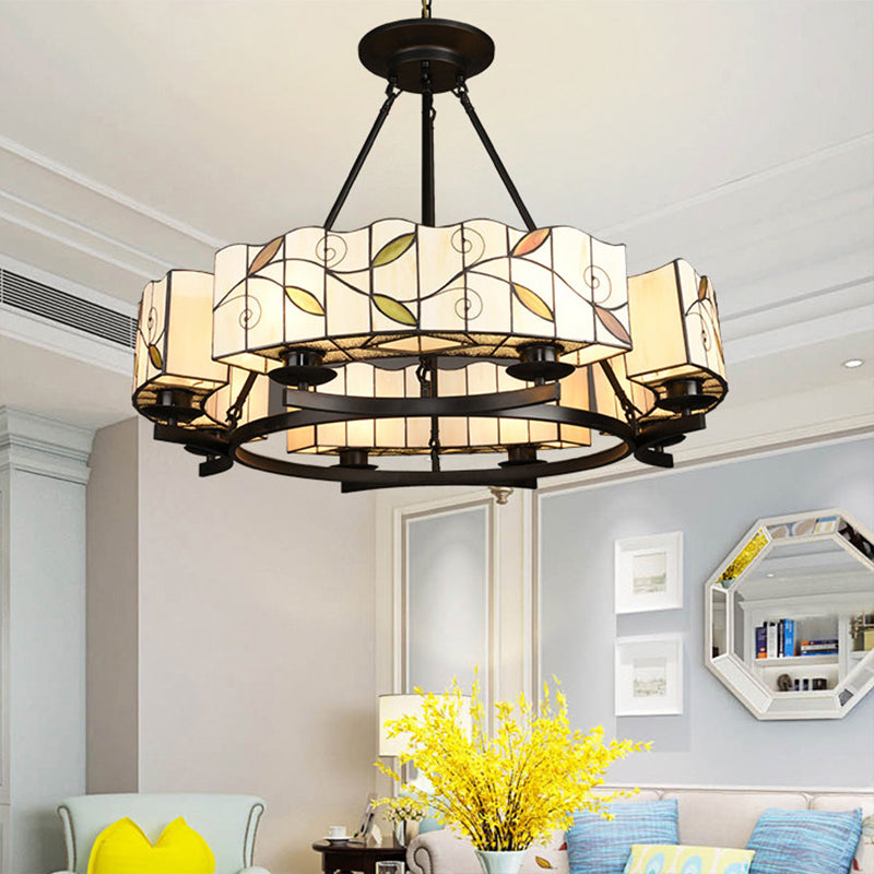 Stained Glass Drum Chandelier with Leaf 6/8 Heads Tiffany Lodge Pendant Light with Adjustable Hanging Light in White 8 White Clearhalo 'Ceiling Lights' 'Chandeliers' 'Industrial' 'Middle Century Chandeliers' 'Tiffany Chandeliers' 'Tiffany close to ceiling' 'Tiffany' Lighting' 177295