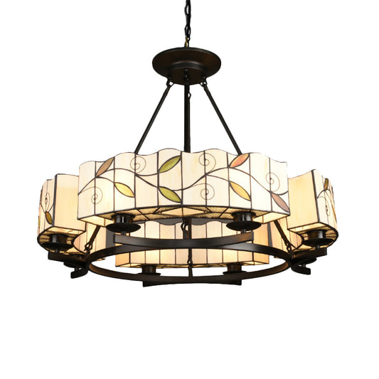 Stained Glass Drum Chandelier with Leaf 6/8 Heads Tiffany Lodge Pendant Light with Adjustable Hanging Light in White Clearhalo 'Ceiling Lights' 'Chandeliers' 'Industrial' 'Middle Century Chandeliers' 'Tiffany Chandeliers' 'Tiffany close to ceiling' 'Tiffany' Lighting' 177297