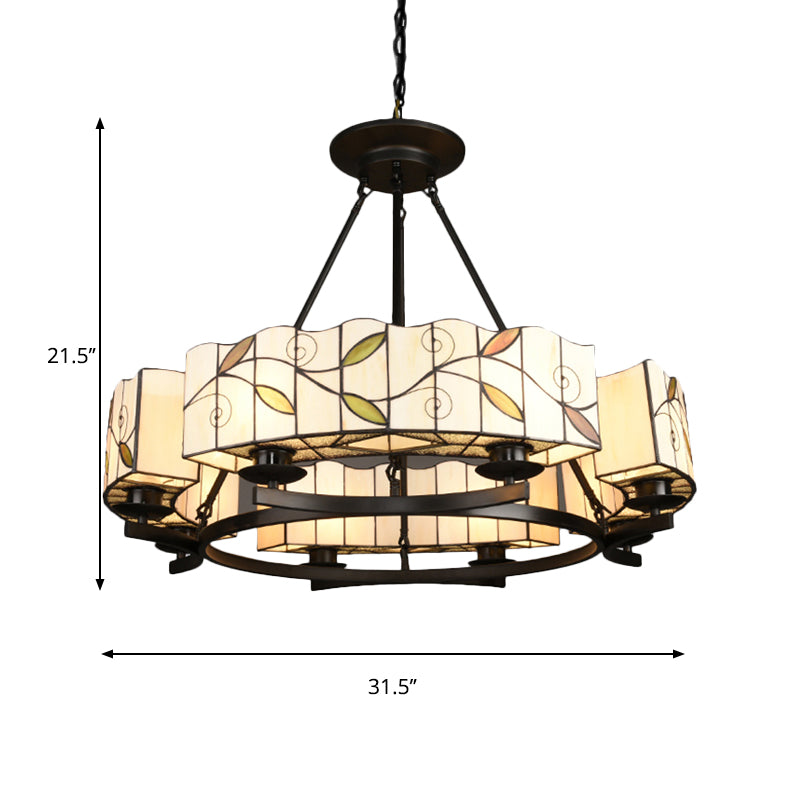 Stained Glass Drum Chandelier with Leaf 6/8 Heads Tiffany Lodge Pendant Light with Adjustable Hanging Light in White Clearhalo 'Ceiling Lights' 'Chandeliers' 'Industrial' 'Middle Century Chandeliers' 'Tiffany Chandeliers' 'Tiffany close to ceiling' 'Tiffany' Lighting' 177298