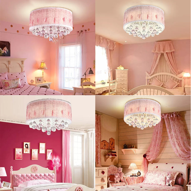 Pink Round Flush Ceiling Light 8 Heads Modern Style Metal Ceiling Lamp with Crystal Ball for Girls Bedroom Clearhalo 'Ceiling Lights' 'Close To Ceiling Lights' 'Close to ceiling' 'Flush mount' Lighting' 17730