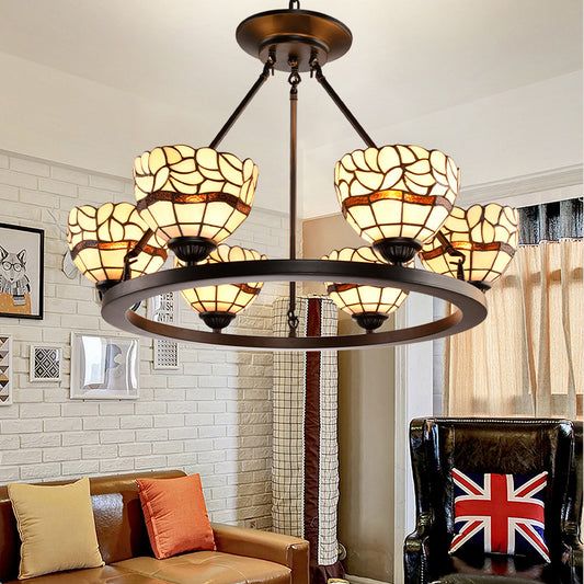 Beige Glass Bowl Chandelier with Adjustable Chain 6 Lights Rustic Hanging Ceiling Light in Beige Clearhalo 'Ceiling Lights' 'Chandeliers' 'Industrial' 'Middle Century Chandeliers' 'Tiffany Chandeliers' 'Tiffany close to ceiling' 'Tiffany' Lighting' 177302