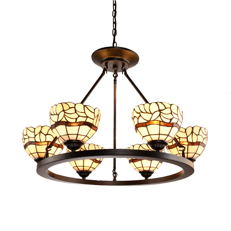 Beige Glass Bowl Chandelier with Adjustable Chain 6 Lights Rustic Hanging Ceiling Light in Beige Clearhalo 'Ceiling Lights' 'Chandeliers' 'Industrial' 'Middle Century Chandeliers' 'Tiffany Chandeliers' 'Tiffany close to ceiling' 'Tiffany' Lighting' 177303