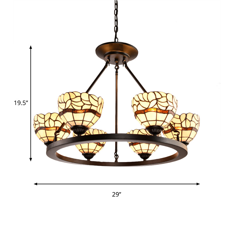Beige Glass Bowl Chandelier with Adjustable Chain 6 Lights Rustic Hanging Ceiling Light in Beige Clearhalo 'Ceiling Lights' 'Chandeliers' 'Industrial' 'Middle Century Chandeliers' 'Tiffany Chandeliers' 'Tiffany close to ceiling' 'Tiffany' Lighting' 177304