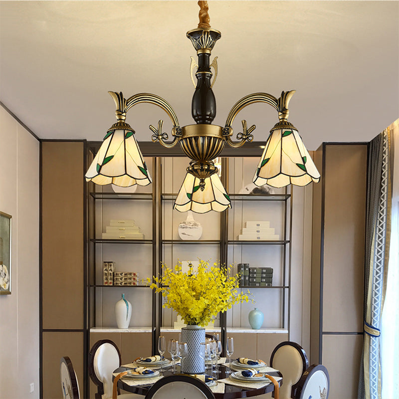 Dining Room Chandelier with Cone Shade Adjustable Beige Glass 3 Lights Rustic Pendant Lamp Beige Clearhalo 'Ceiling Lights' 'Chandeliers' 'Industrial' 'Middle Century Chandeliers' 'Tiffany Chandeliers' 'Tiffany close to ceiling' 'Tiffany' Lighting' 177307
