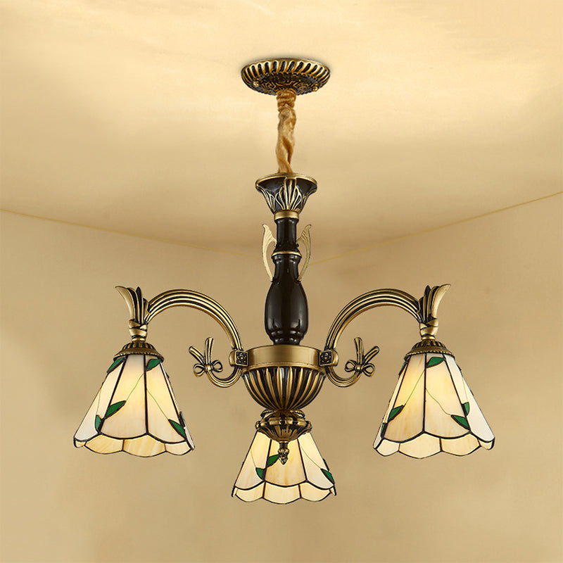 Dining Room Chandelier with Cone Shade Adjustable Beige Glass 3 Lights Rustic Pendant Lamp Clearhalo 'Ceiling Lights' 'Chandeliers' 'Industrial' 'Middle Century Chandeliers' 'Tiffany Chandeliers' 'Tiffany close to ceiling' 'Tiffany' Lighting' 177308
