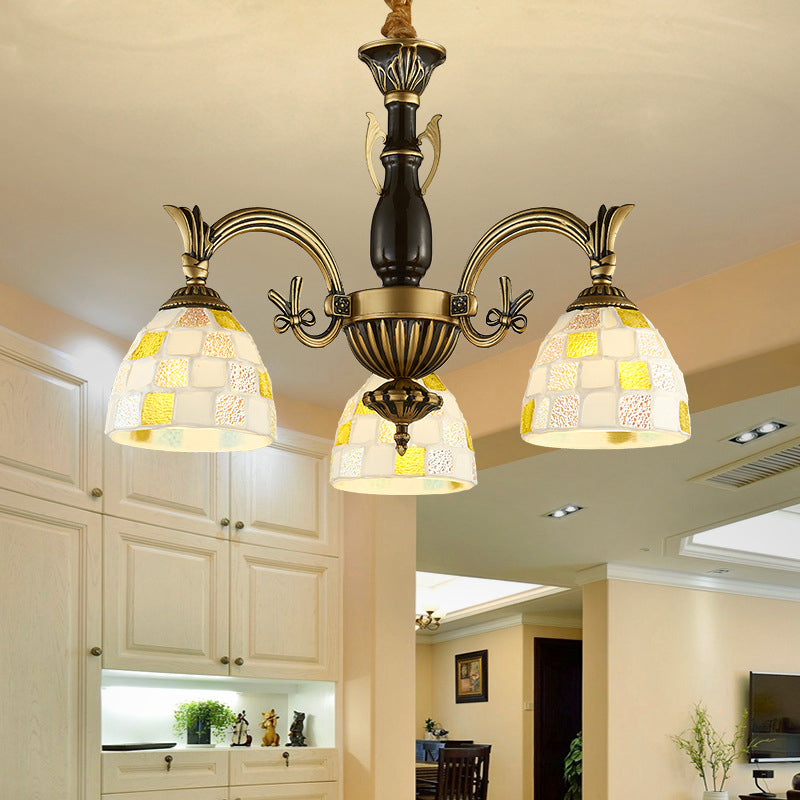 Shell Dome Suspension Lamp with Curved Arm 3 Lights Traditional Pendant Light for Foyer White Clearhalo 'Ceiling Lights' 'Chandeliers' 'Industrial' 'Middle Century Chandeliers' 'Tiffany Chandeliers' 'Tiffany close to ceiling' 'Tiffany' Lighting' 177315