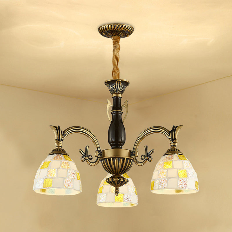 Shell Dome Suspension Lamp with Curved Arm 3 Lights Traditional Pendant Light for Foyer Clearhalo 'Ceiling Lights' 'Chandeliers' 'Industrial' 'Middle Century Chandeliers' 'Tiffany Chandeliers' 'Tiffany close to ceiling' 'Tiffany' Lighting' 177316