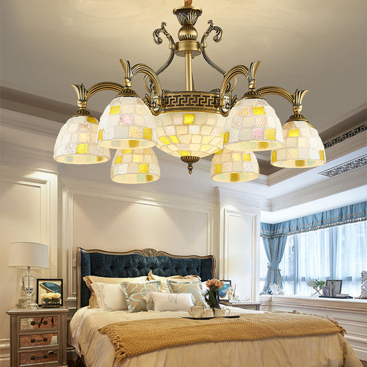 6/8 Lights Domed Chandelier with Mosaic Design White Glass Tiffany Pendant Light in Aged Brass 6 White Clearhalo 'Ceiling Lights' 'Chandeliers' 'Industrial' 'Middle Century Chandeliers' 'Tiffany Chandeliers' 'Tiffany close to ceiling' 'Tiffany' Lighting' 177323