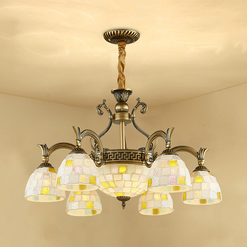 6/8 Lights Domed Chandelier with Mosaic Design White Glass Tiffany Pendant Light in Aged Brass Clearhalo 'Ceiling Lights' 'Chandeliers' 'Industrial' 'Middle Century Chandeliers' 'Tiffany Chandeliers' 'Tiffany close to ceiling' 'Tiffany' Lighting' 177324