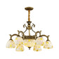 6/8 Lights Domed Chandelier with Mosaic Design White Glass Tiffany Pendant Light in Aged Brass Clearhalo 'Ceiling Lights' 'Chandeliers' 'Industrial' 'Middle Century Chandeliers' 'Tiffany Chandeliers' 'Tiffany close to ceiling' 'Tiffany' Lighting' 177325