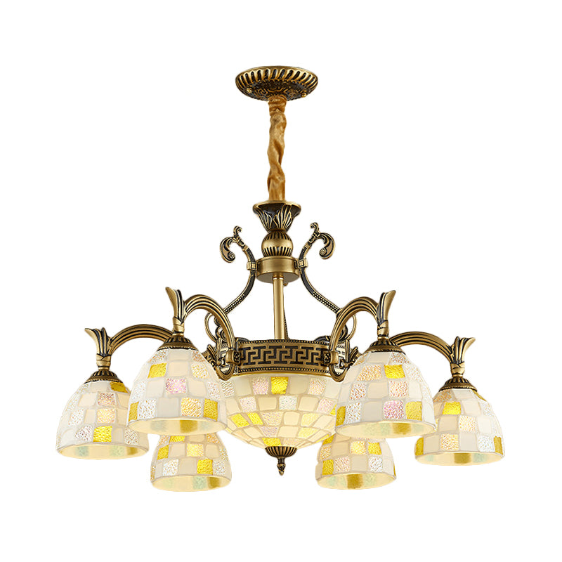6/8 Lights Domed Chandelier with Mosaic Design White Glass Tiffany Pendant Light in Aged Brass Clearhalo 'Ceiling Lights' 'Chandeliers' 'Industrial' 'Middle Century Chandeliers' 'Tiffany Chandeliers' 'Tiffany close to ceiling' 'Tiffany' Lighting' 177325