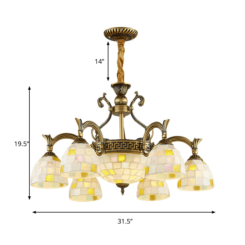 6/8 Lights Domed Chandelier with Mosaic Design White Glass Tiffany Pendant Light in Aged Brass Clearhalo 'Ceiling Lights' 'Chandeliers' 'Industrial' 'Middle Century Chandeliers' 'Tiffany Chandeliers' 'Tiffany close to ceiling' 'Tiffany' Lighting' 177326