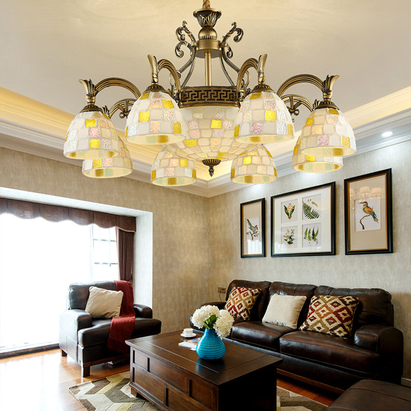 6/8 Lights Domed Chandelier with Mosaic Design White Glass Tiffany Pendant Light in Aged Brass 8 White Clearhalo 'Ceiling Lights' 'Chandeliers' 'Industrial' 'Middle Century Chandeliers' 'Tiffany Chandeliers' 'Tiffany close to ceiling' 'Tiffany' Lighting' 177327