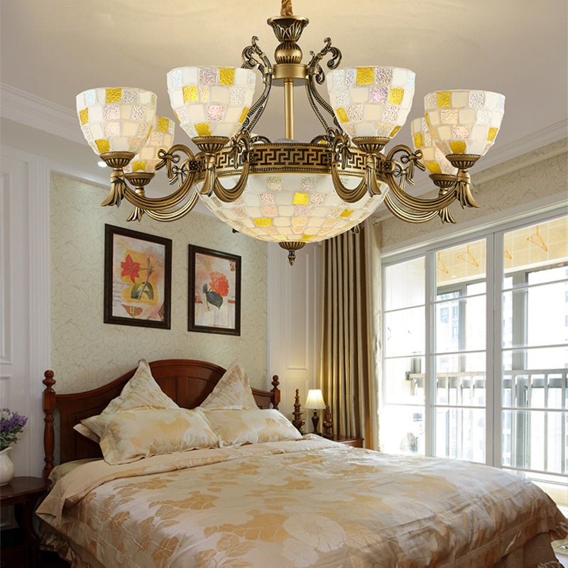 6/8 Lights Domed Chandelier with Mosaic Design White Glass Tiffany Pendant Light in Aged Brass Clearhalo 'Ceiling Lights' 'Chandeliers' 'Industrial' 'Middle Century Chandeliers' 'Tiffany Chandeliers' 'Tiffany close to ceiling' 'Tiffany' Lighting' 177328