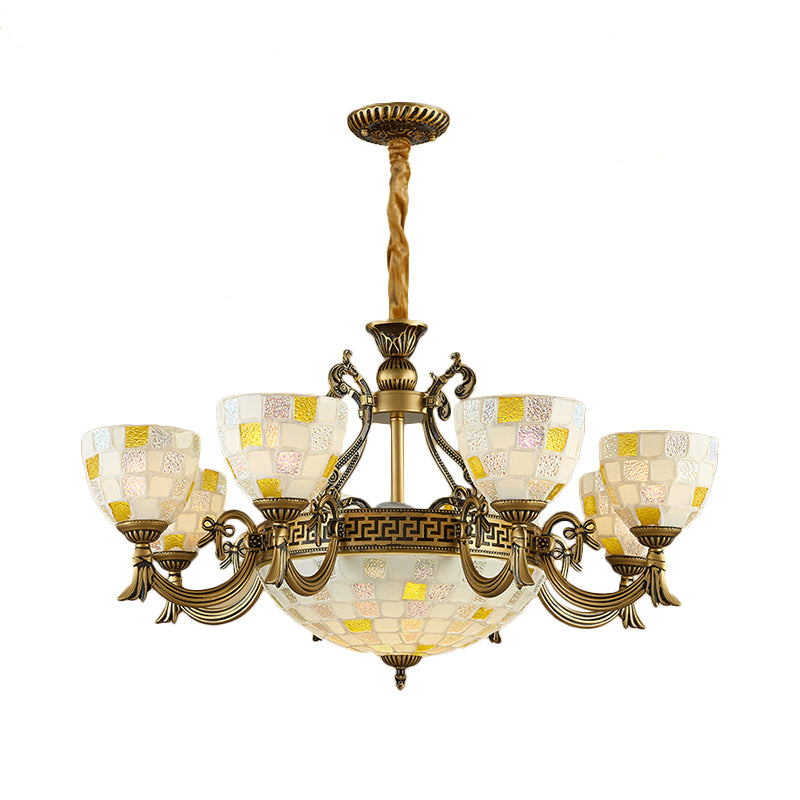 6/8 Lights Domed Chandelier with Mosaic Design White Glass Tiffany Pendant Light in Aged Brass Clearhalo 'Ceiling Lights' 'Chandeliers' 'Industrial' 'Middle Century Chandeliers' 'Tiffany Chandeliers' 'Tiffany close to ceiling' 'Tiffany' Lighting' 177329