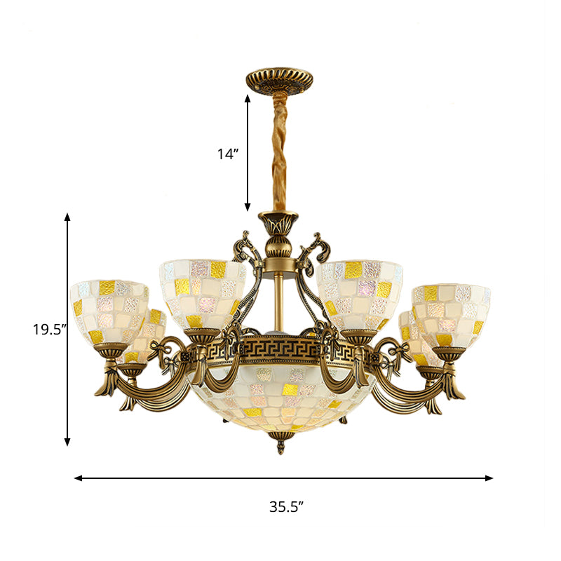 6/8 Lights Domed Chandelier with Mosaic Design White Glass Tiffany Pendant Light in Aged Brass Clearhalo 'Ceiling Lights' 'Chandeliers' 'Industrial' 'Middle Century Chandeliers' 'Tiffany Chandeliers' 'Tiffany close to ceiling' 'Tiffany' Lighting' 177330