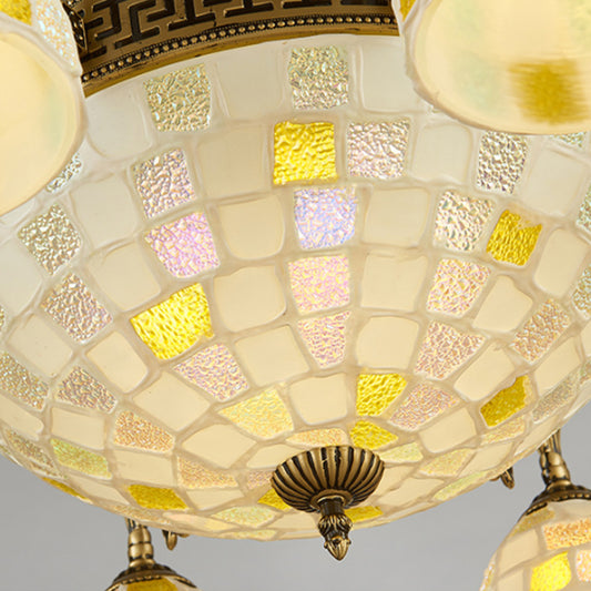 6/8 Lights Domed Chandelier with Mosaic Design White Glass Tiffany Pendant Light in Aged Brass Clearhalo 'Ceiling Lights' 'Chandeliers' 'Industrial' 'Middle Century Chandeliers' 'Tiffany Chandeliers' 'Tiffany close to ceiling' 'Tiffany' Lighting' 177331